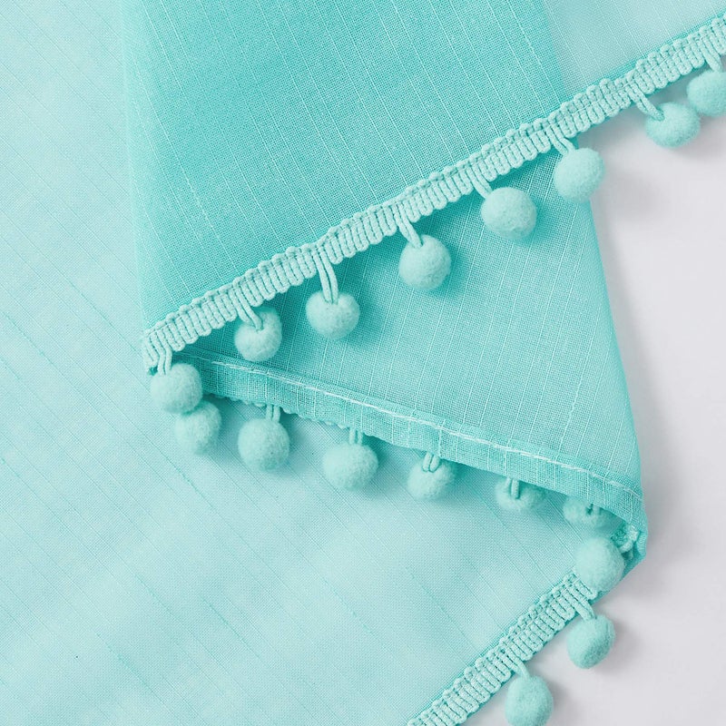 Treatmentex Pompom Sheer Curtain Panels 84inch Long Living Room Bedroom Window Curtain Drapes for School, Kindergarten 52" Width Each Panel. 1 Pair Rod Pocket Aqua - Image 3